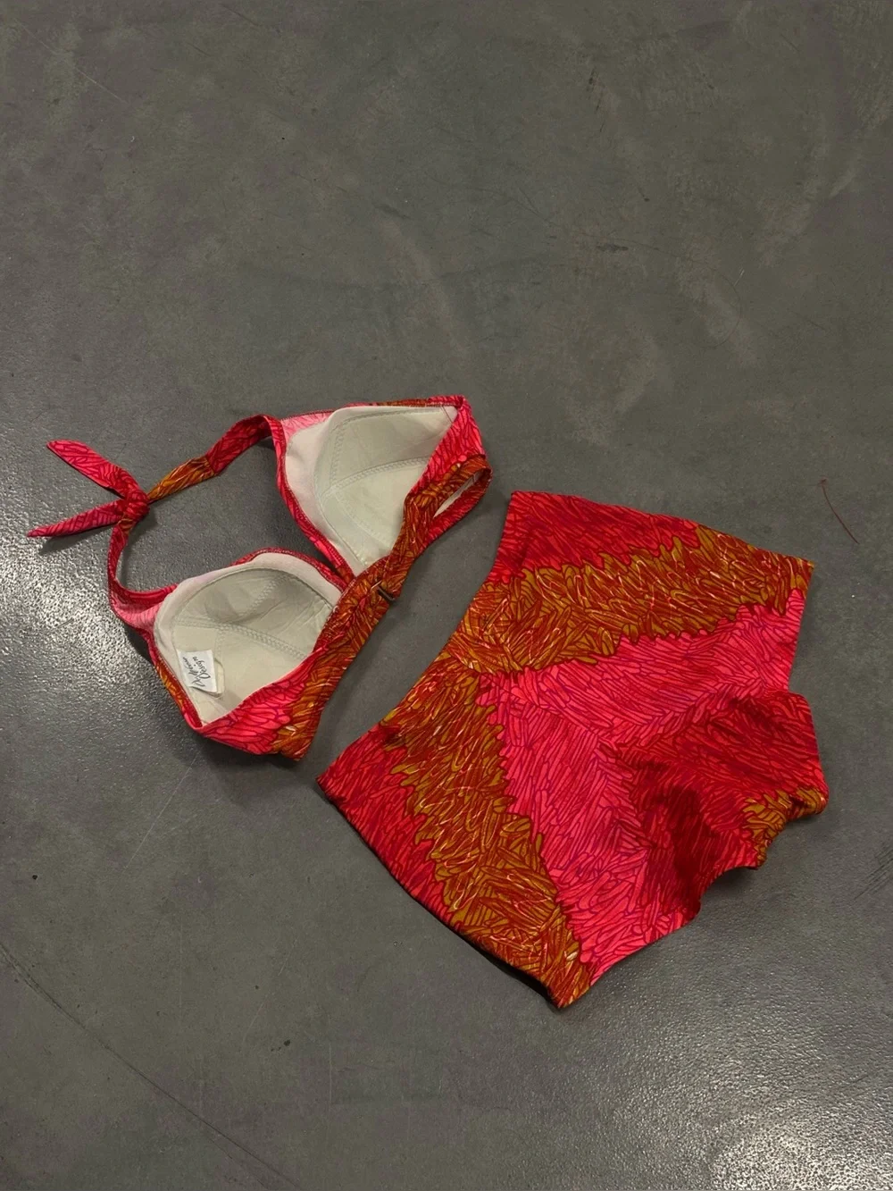 De Weese Designs Vintage Halter High-Waist Two-Piece Swim Set in Coral & Gold